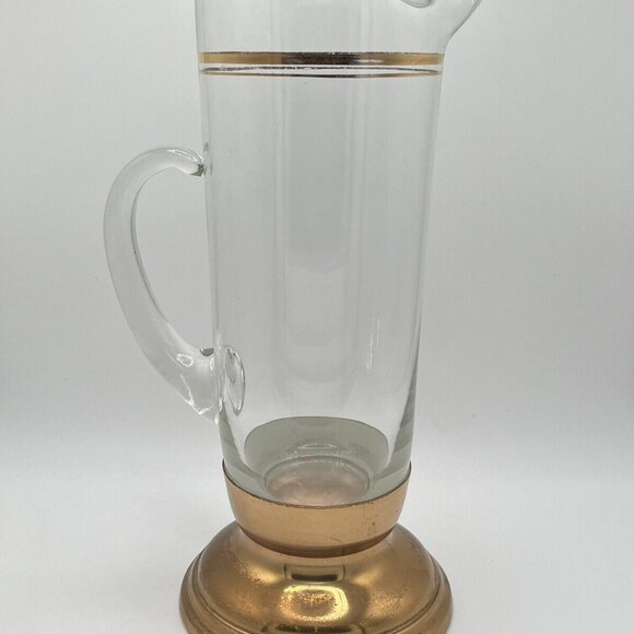 Vintage 60s MCM Glass Pitcher Brass Bottom With 6 Coupe Glasses W/ Gold Trim - Picture 2 of 9